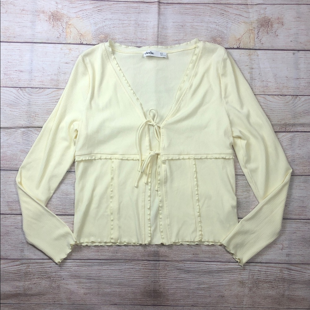 NWOT Elodie Ribbed Tie-Front Cutaway Cardigan in Butter Yellow with Lettuce Hem